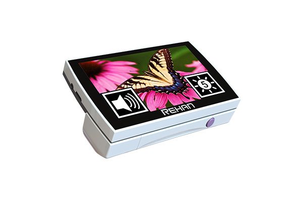 Square white text magnifier with a flexible handle. In this image a butterfly is shown on the screen of the magnifier.
